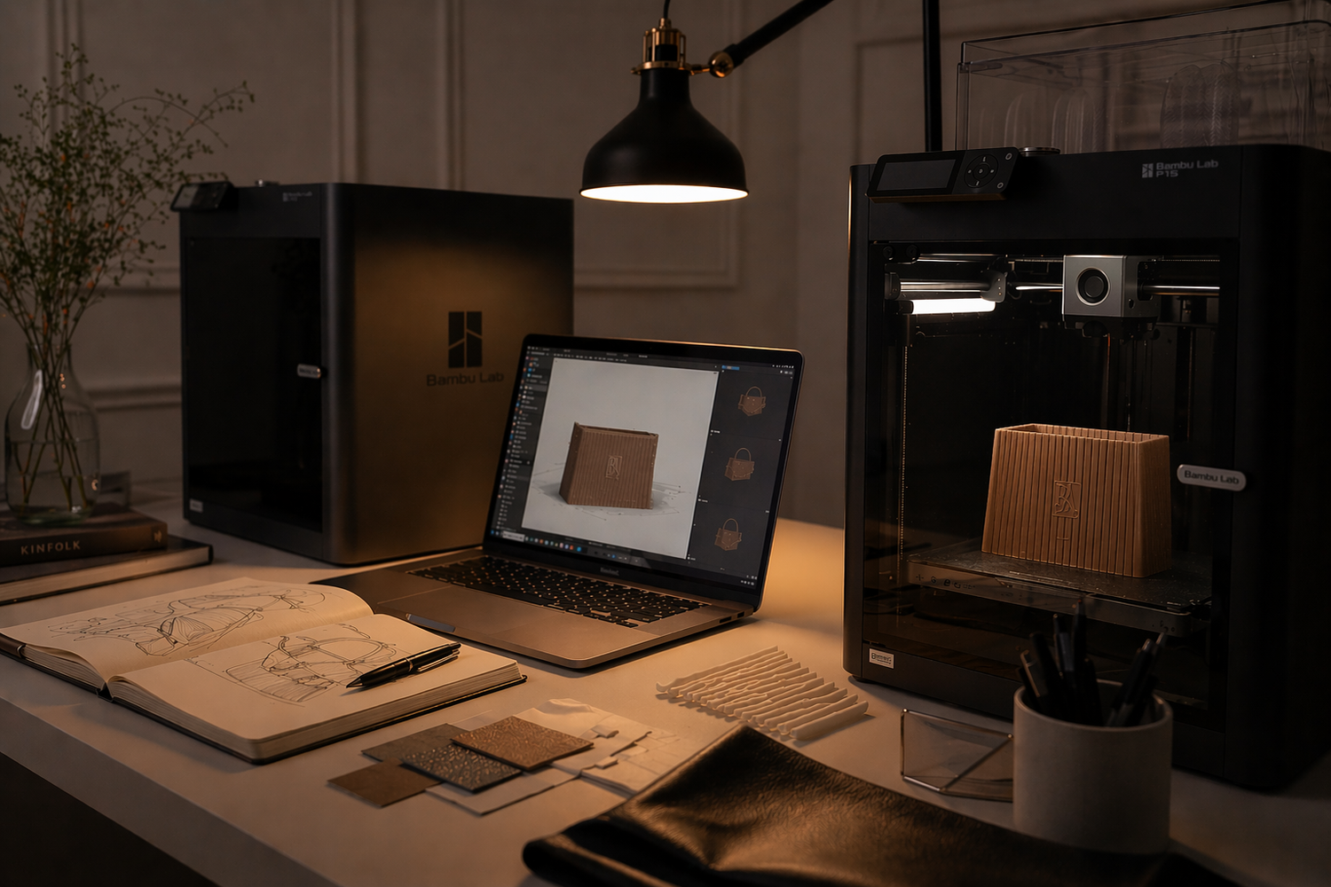 Designprozess einer 3D gedruckten Handtasche im Banjor Atelier mit Laptop und 3D Drucker