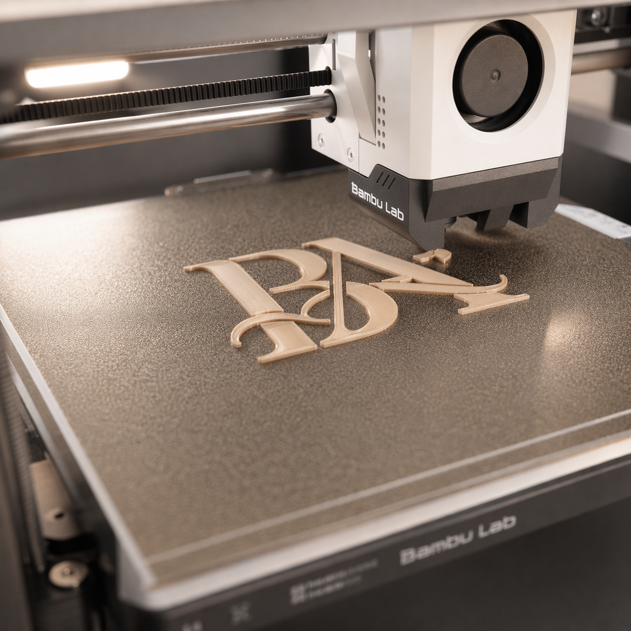 3D Drucker erstellt Banjor Logo im Herstellungsprozess einer Handtasche