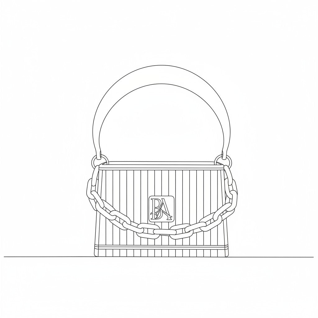 Skizze einer 3D gedruckten Handtasche von Banjor mit austauschbarem Griff und Kette