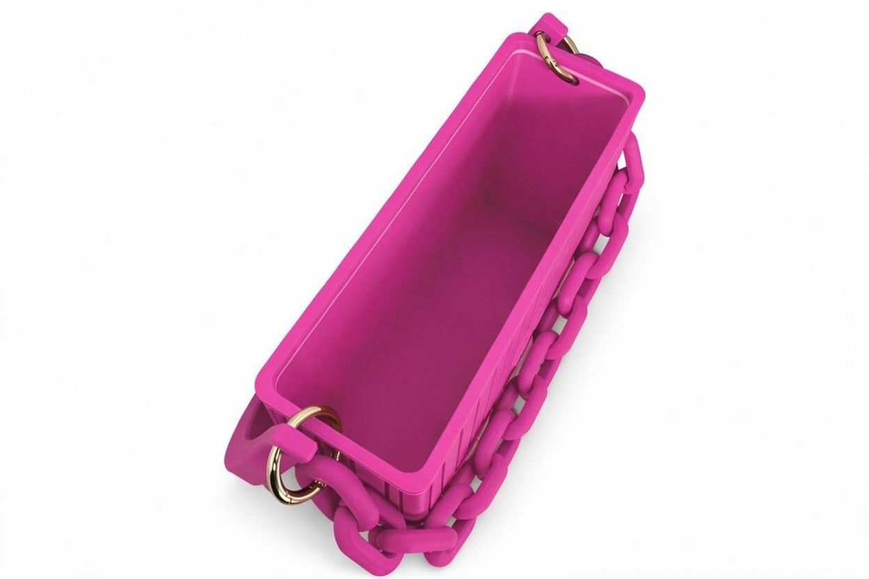 Fuchsiafarbene 3D gedruckte Handtasche von Banjor mit Kette in der Innenansicht und klarem Design