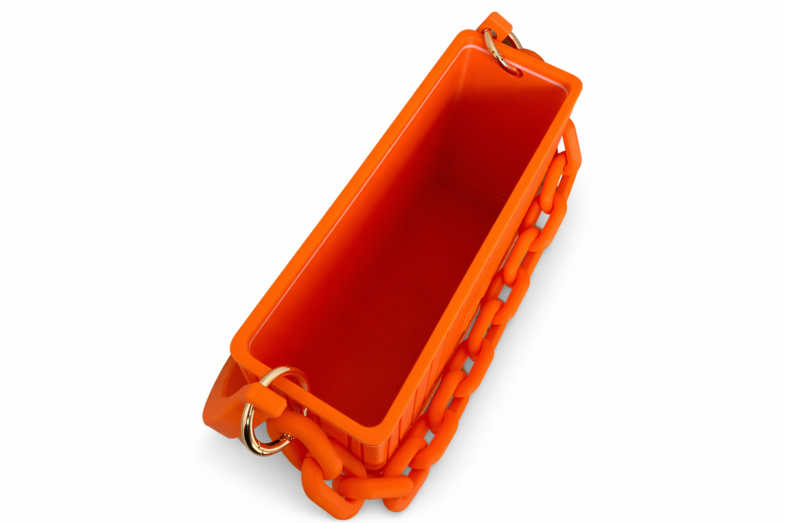 Innenansicht einer orangefarbenen 3D gedruckten Handtasche von Banjor mit Kette und modernem Look