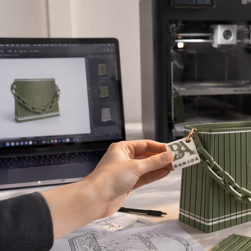 Hand hält Banjor Logo an 3D gedruckte Handtasche während des Designprozesses im Atelier