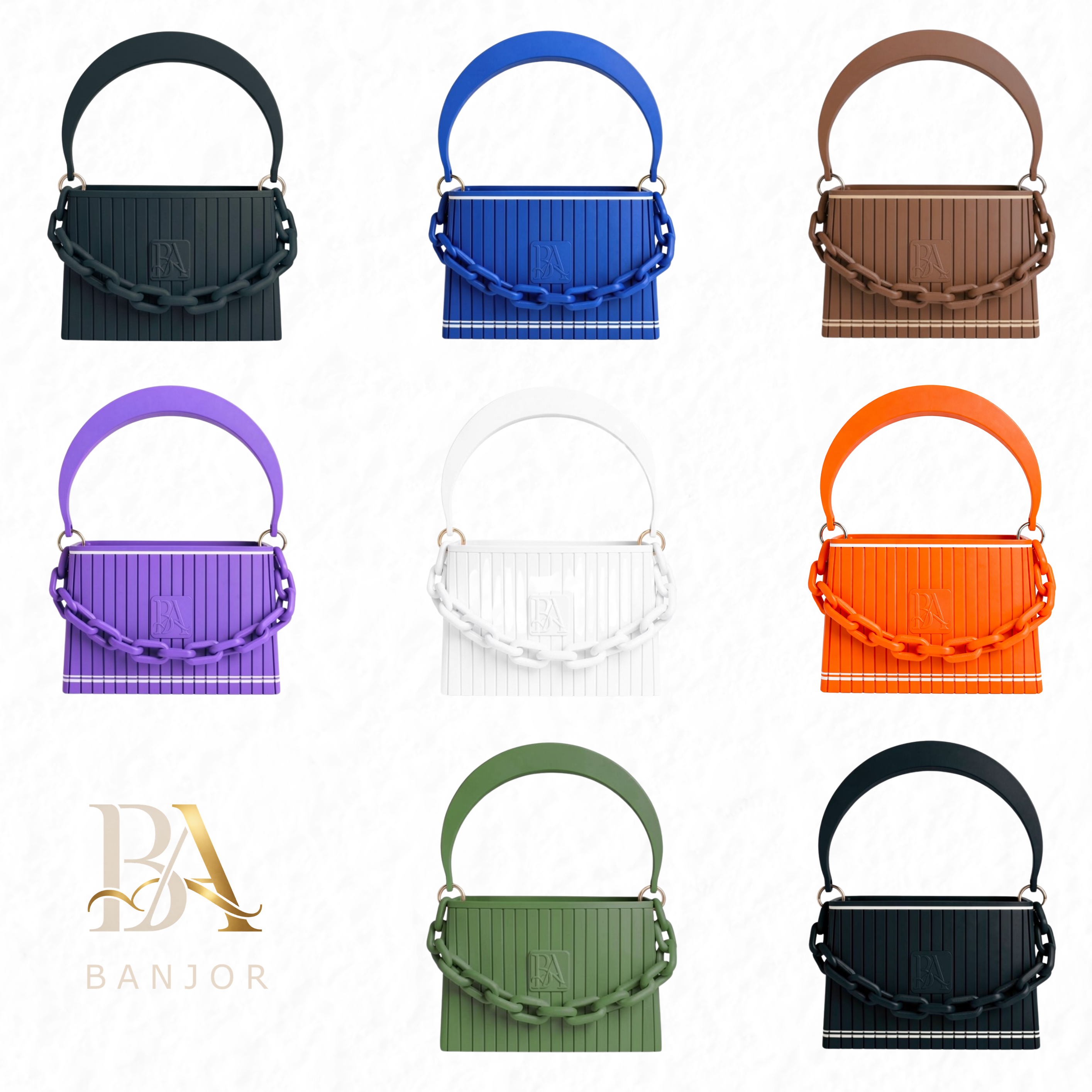3D gedruckte Handtaschen Kollektion von Banjor in verschiedenen Farben mit austauschbaren Griffen