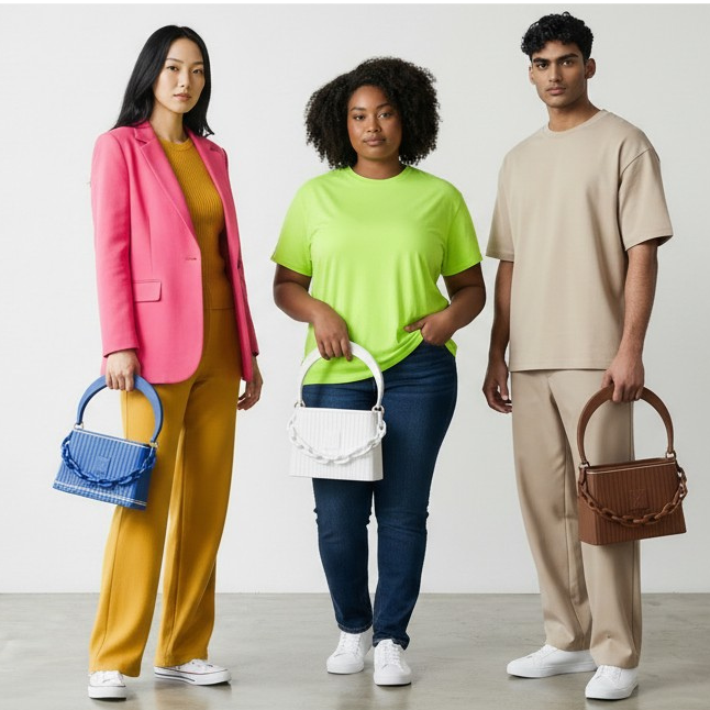 Drei Models tragen 3D gedruckte Handtaschen von Banjor in verschiedenen Farben und Designs