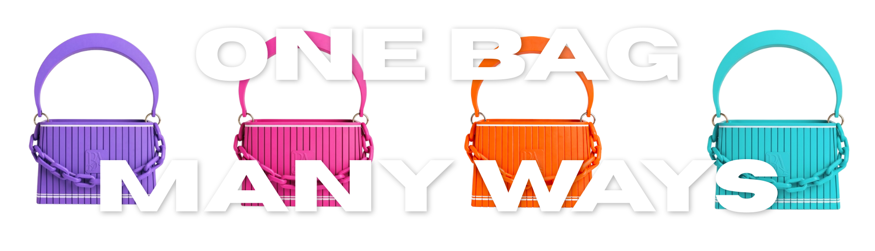 BANJOR Hako Handtaschen in Lila, Pink, Orange und Türkis mit strukturiertem Design und Kettenriemen vor hellem Hintergrund, mit Schriftzug ‚One Bag Many Ways