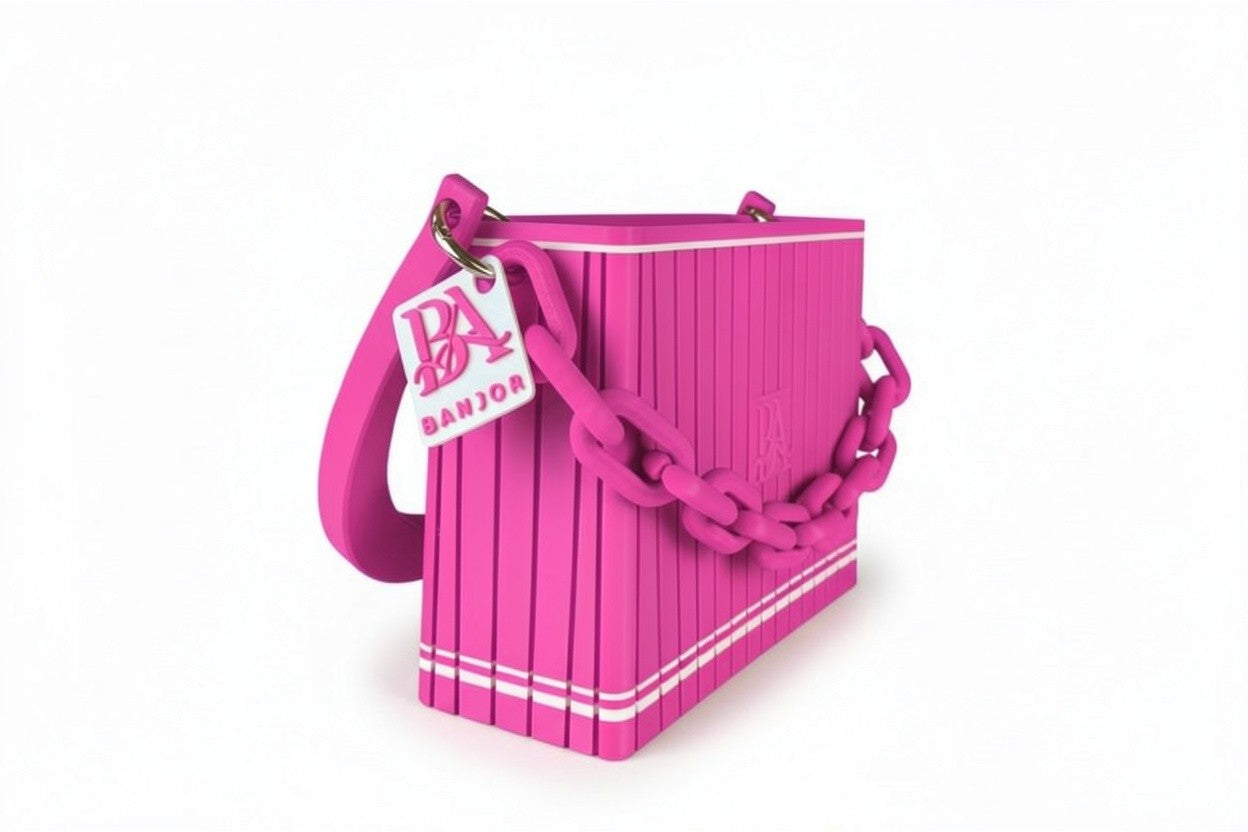 HAKO Handtasche in Fuchsia, Seitenansicht mit strukturierter Oberfläche, Ketten-Detail und BANJOR Anhänger